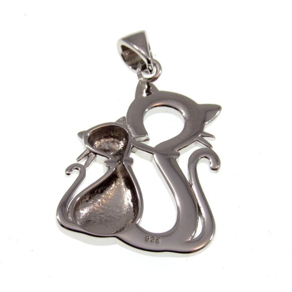 Solid 925 Sterling Silver and Lab Created Blue or White Opal Twin Cats Pendant - Picture 10 of 10